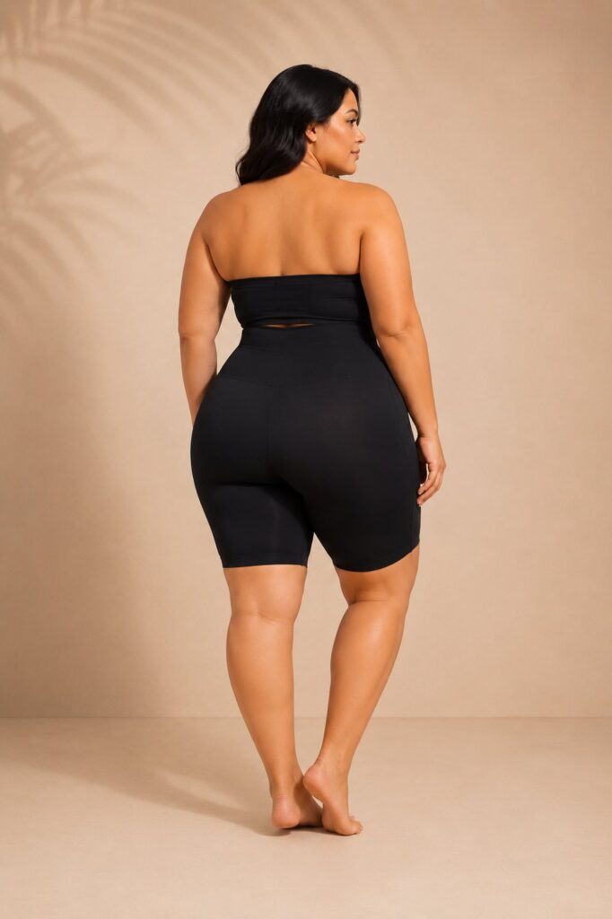 חיטובית הקסם בשחור מאחור – רגל קצרה שנגמרת מעל הברך, בלי פס באמצע הירך